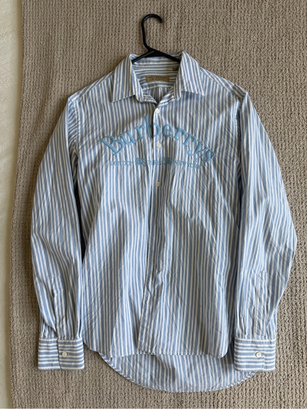 Burberry Light Blue and White Striped Logo Button-Up Shirt